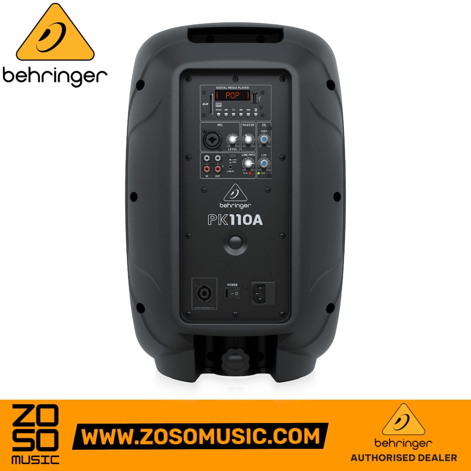 Zoso Music Behringer PK110A active 350W PA speaker back panel showing mixer, media player, and connectivity ports.