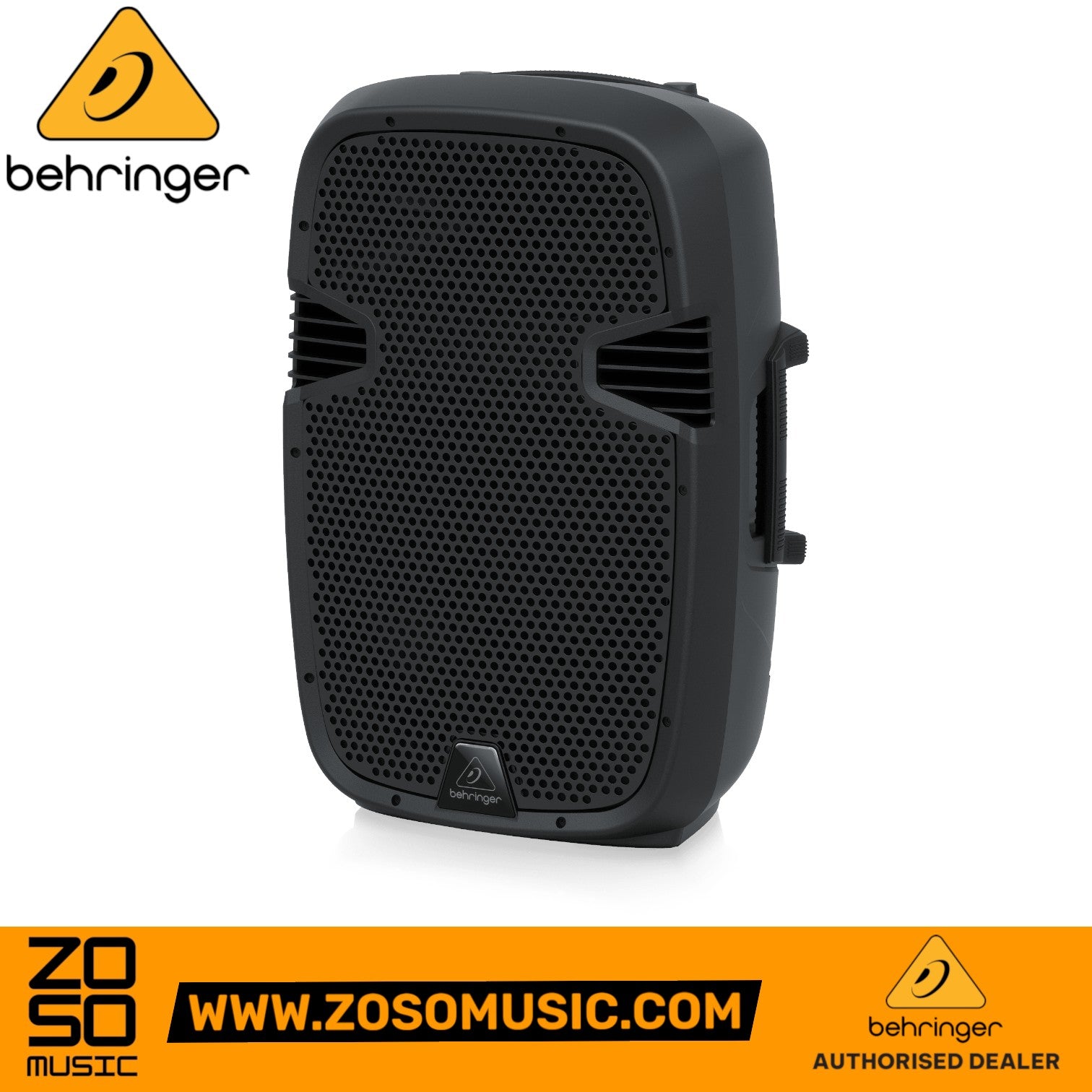 Behringer PK112 600-Watt 12-inch passive PA speaker from Zoso Music featuring a black grille and ergonomic side handle.