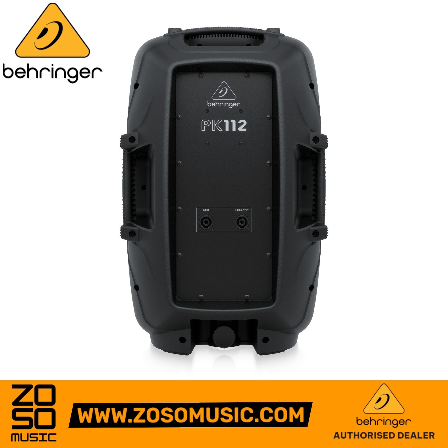 Zoso Music Behringer PK112 passive 600-watt PA speaker rear view showing input and link output connections