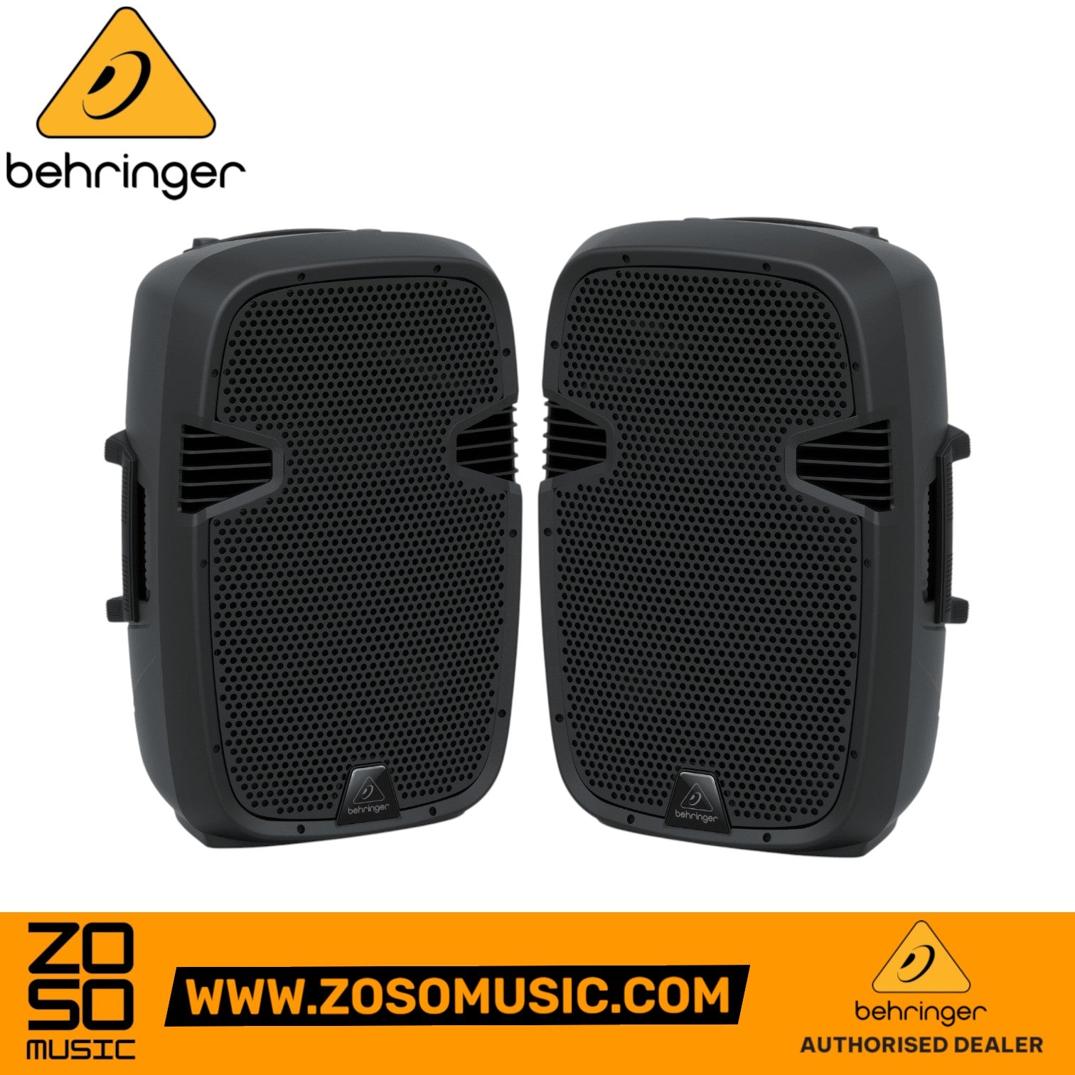 Zoso Music pair of black Behringer PK112A 600W 12-inch active PA speakers with Bluetooth and integrated media player