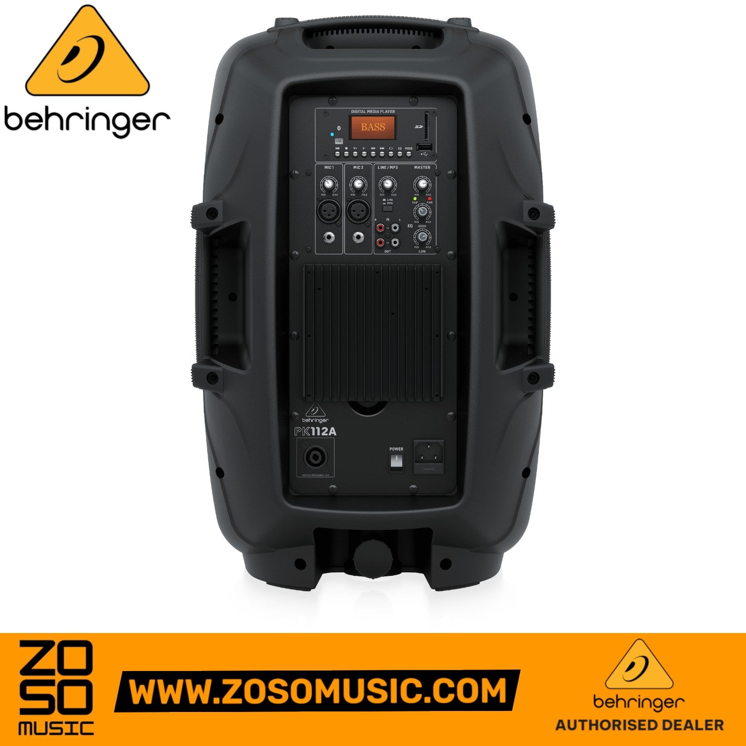 Zoso Music Behringer PK112A active 600W PA speaker back panel showing mixer, media player, and input controls.