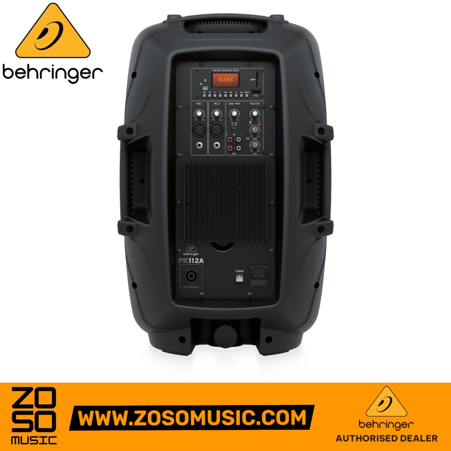 Zoso Music Behringer PK112A active PA speaker back panel showing integrated mixer, media player, and inputs.