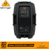 Zoso Music Behringer PK112A active PA speaker back panel showing integrated mixer, media player, and inputs.