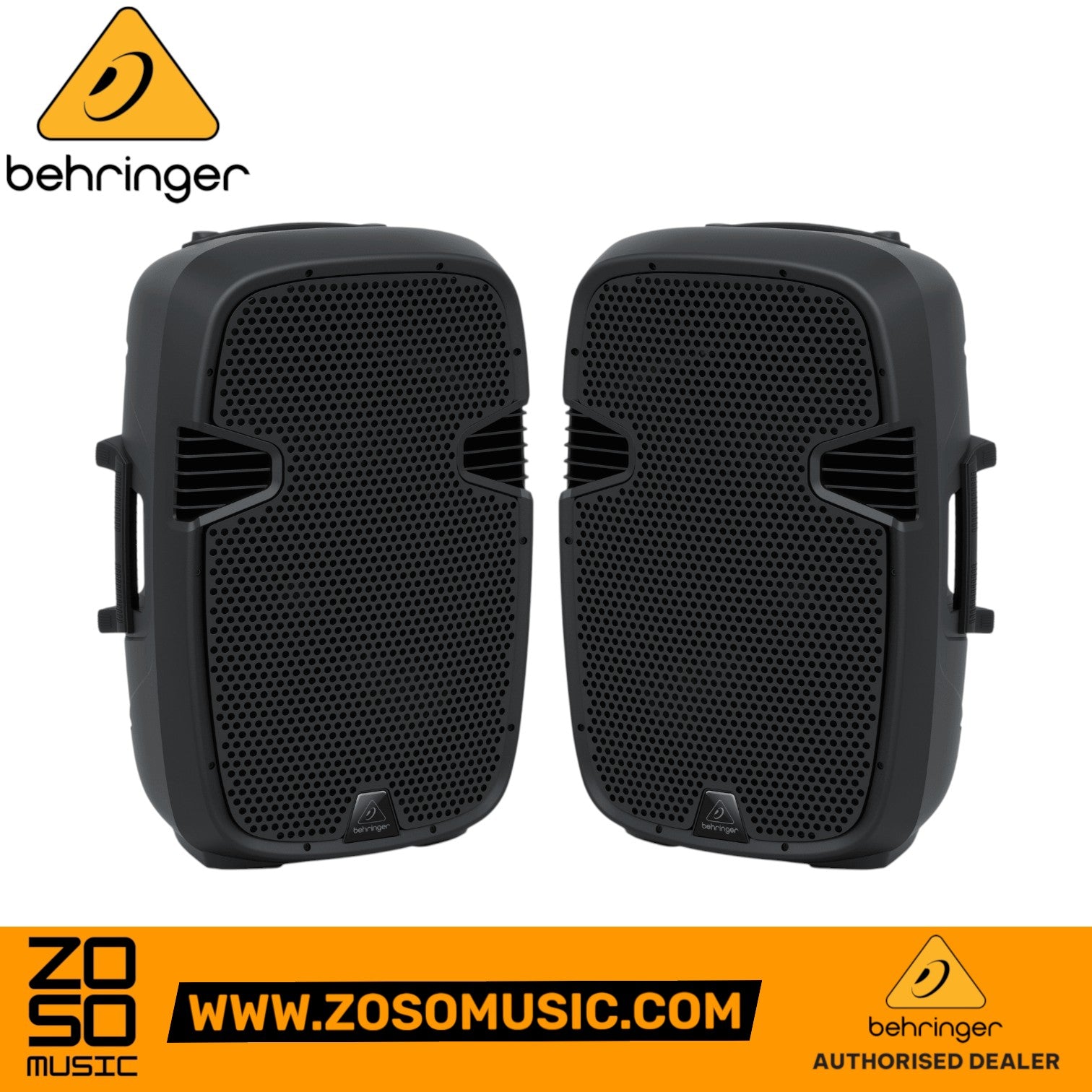 Zoso Music Behringer PK115 pair of 800-watt 15-inch passive PA speakers with black grille and durable housing.