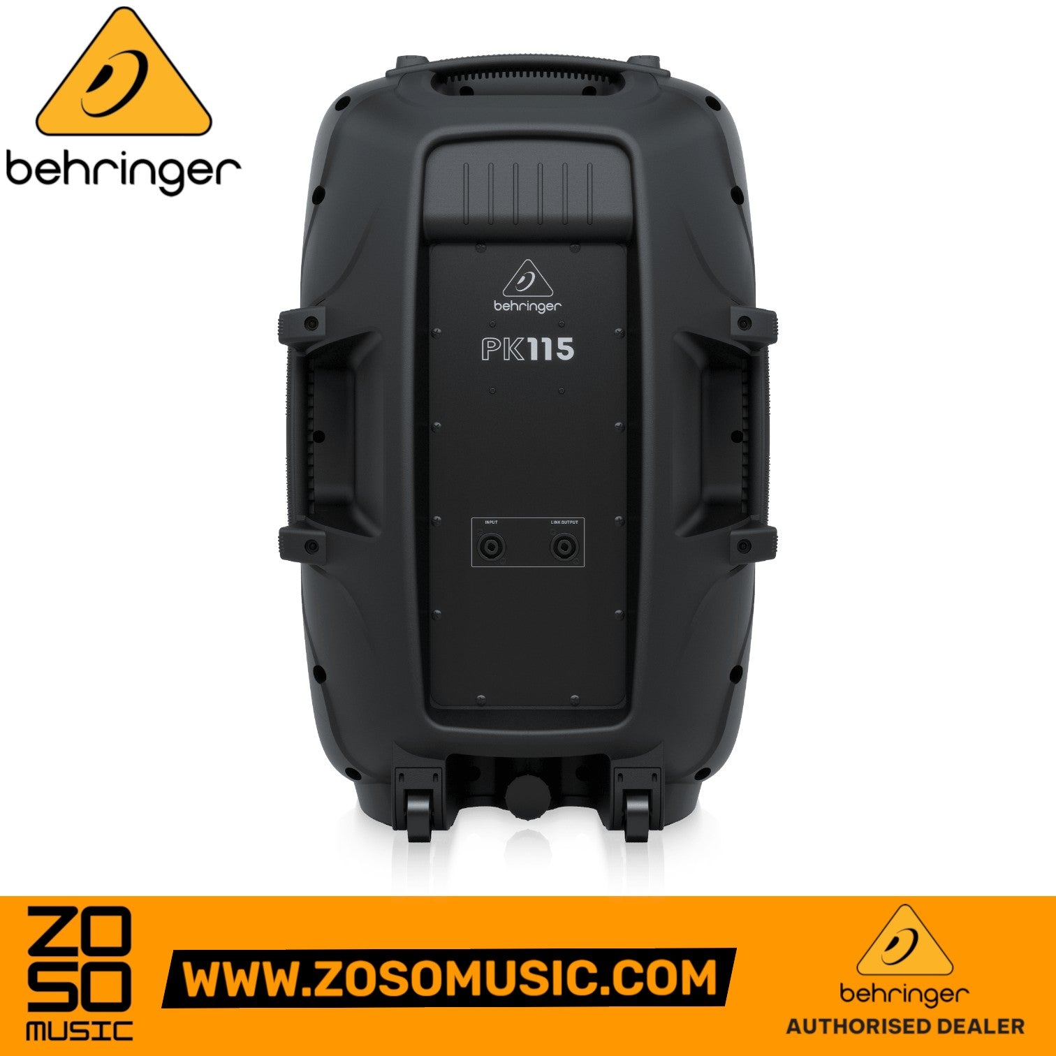 Zoso Music Behringer PK115 passive PA speaker rear view showing input and link output ports on a black enclosure