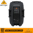 Rear view of Zoso Music Behringer PK115A 800W active PA speaker showing mixer controls, media player, and inputs.