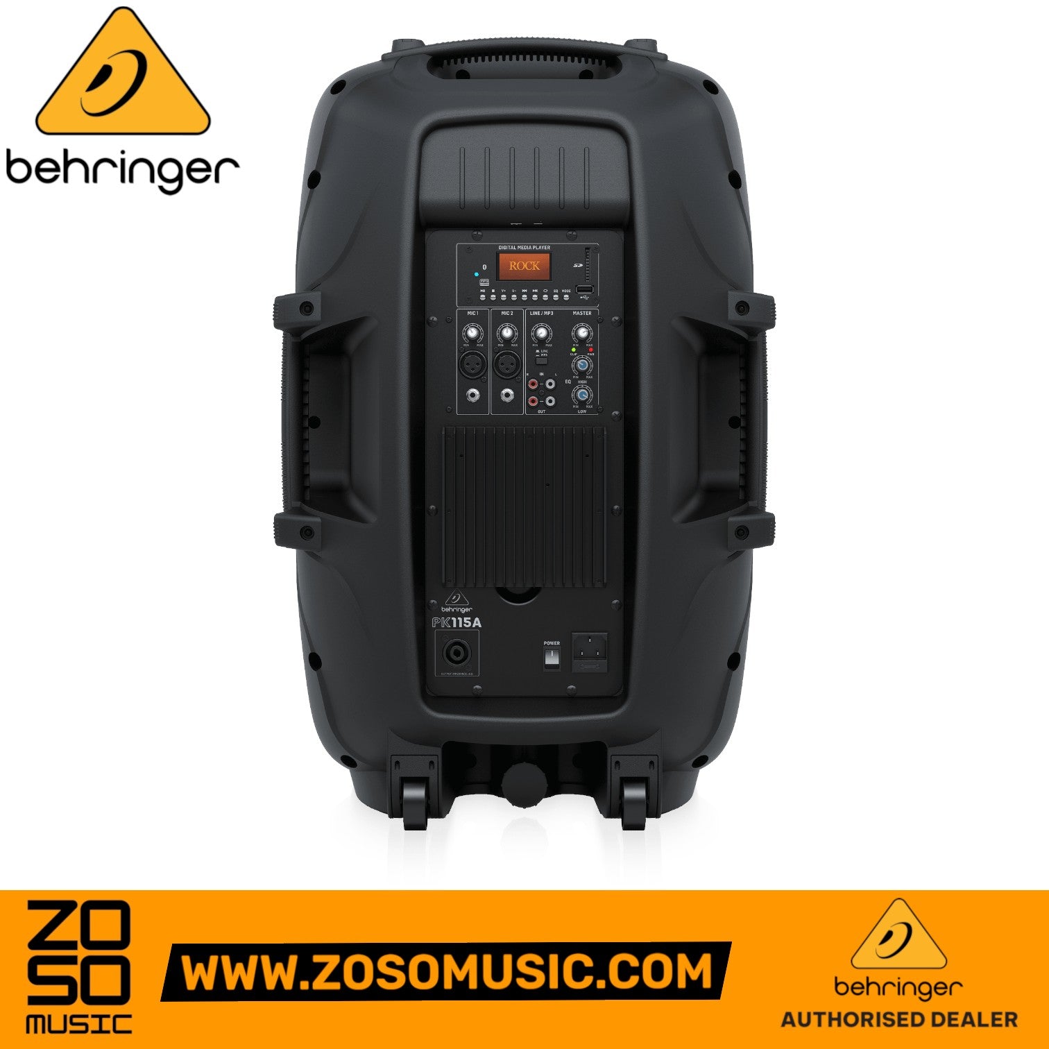 Zoso Music Behringer PK115A active 15-inch PA speaker rear panel showing mixer, media player, and input controls
