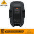 Zoso Music Behringer PK115A active 15-inch PA speaker rear panel showing mixer, media player, and input controls