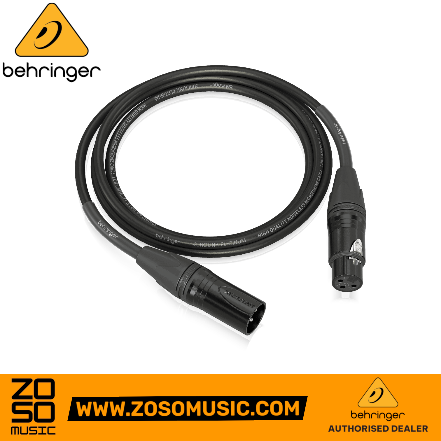 Zoso Music Behringer PMC-150 1.5m XLR microphone cable with black Neutrik connectors and durable spiral shielding