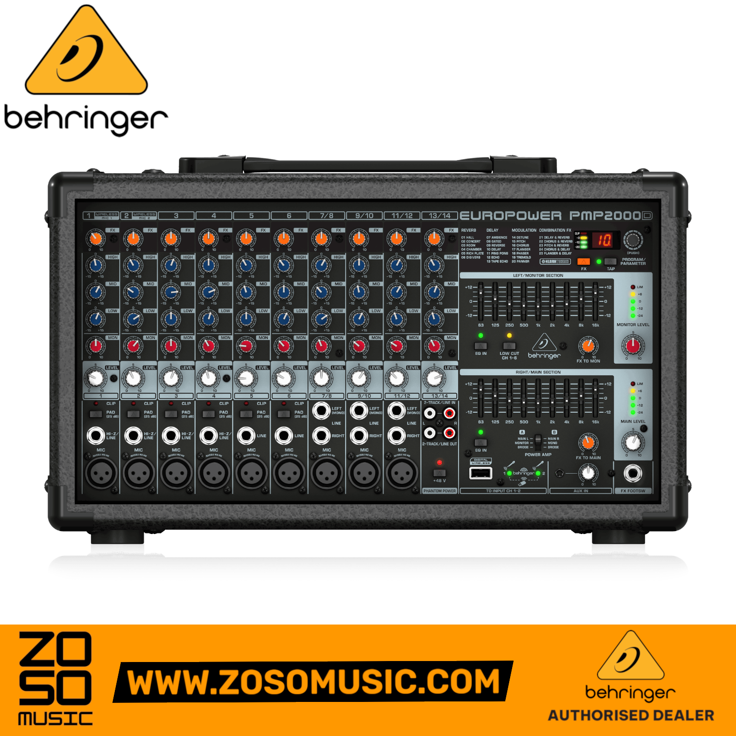 Zoso Music Behringer PMP2000D 14-channel 2000-watt powered mixer with Klark Teknik digital effects and graphic EQs.