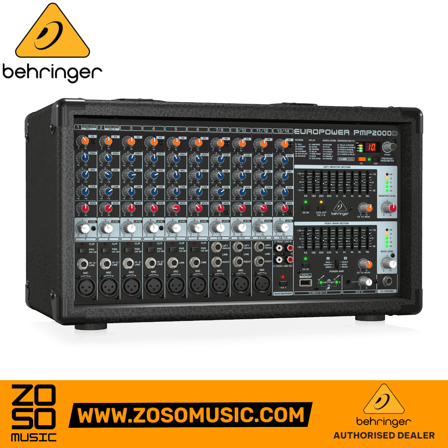Zoso Music Behringer PMP2000D 14-channel 2000-watt powered mixer with Klark Teknik digital effects and graphic EQs.