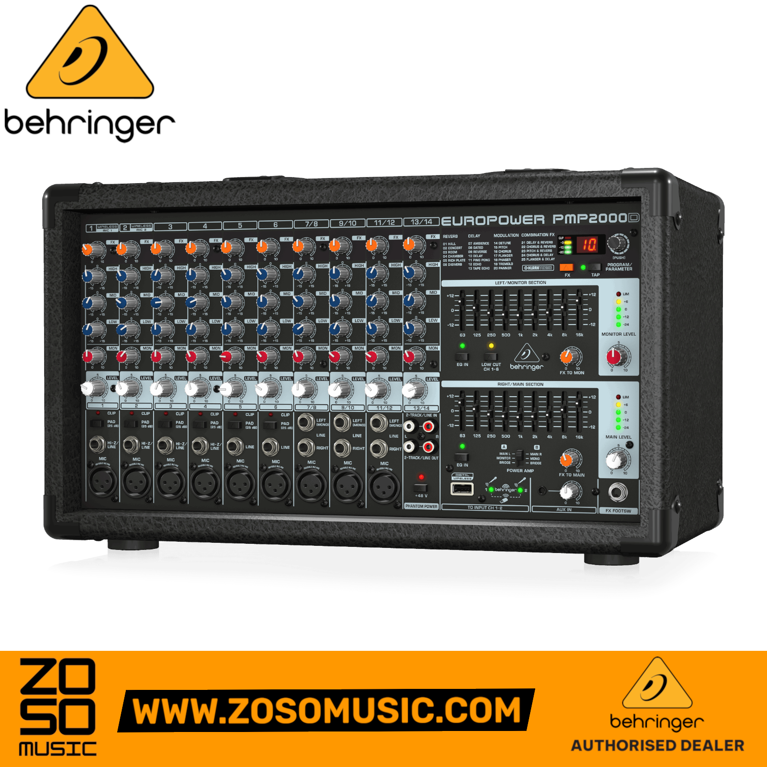 Zoso Music Behringer PMP2000D 14-channel 2000-watt powered mixer with Klark Teknik digital effects and graphic EQs.
