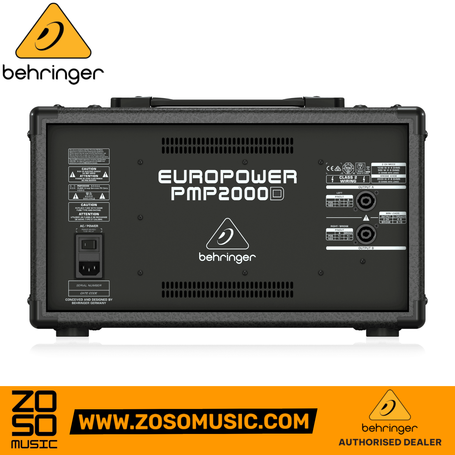 Zoso Music Behringer PMP2000D powered mixer rear panel showing output connections and power specifications