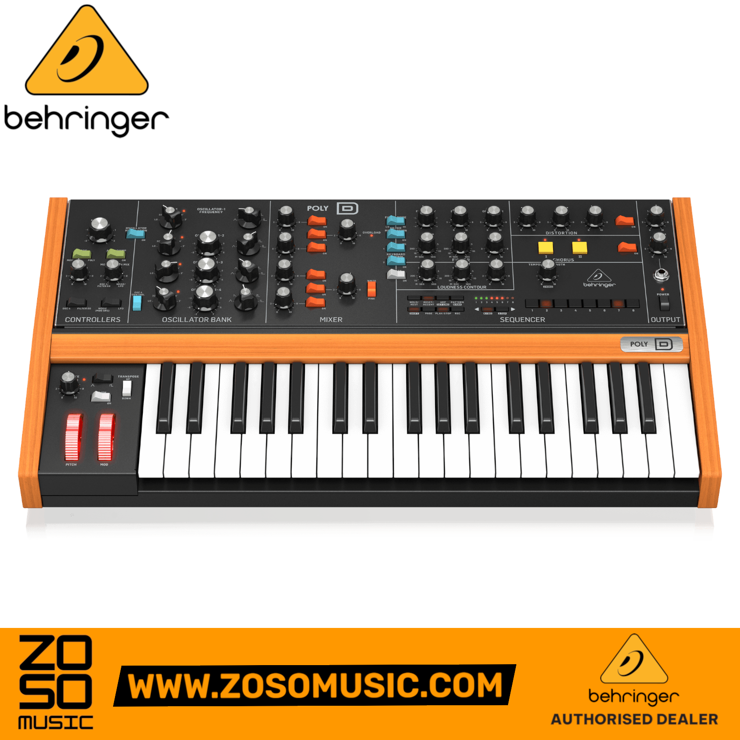 Zoso Music Behringer Poly D analog synthesizer with 37 keys, wood trim, and control panel knobs on a white background.