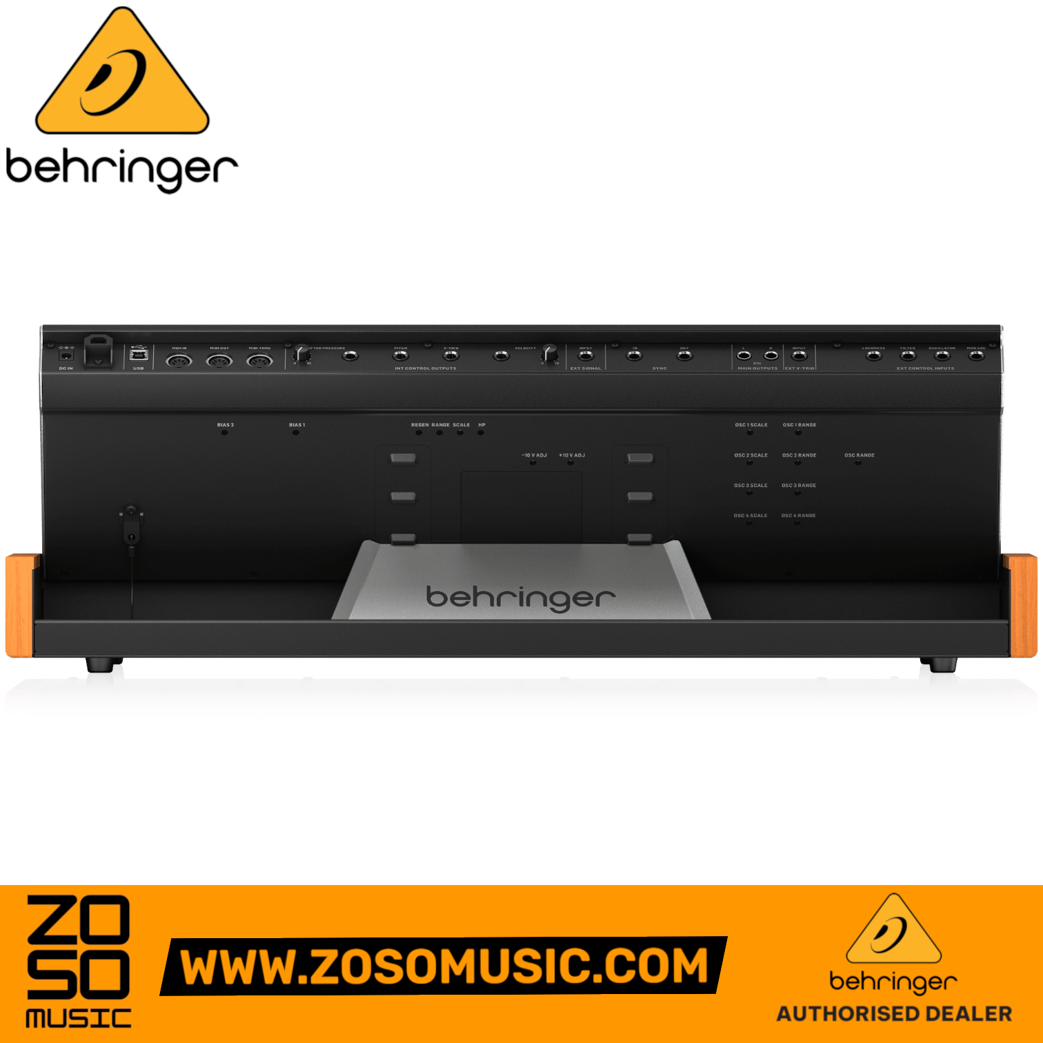Zoso Music Behringer Poly D analog synthesizer rear panel showing connectivity ports and wood-trimmed chassis
