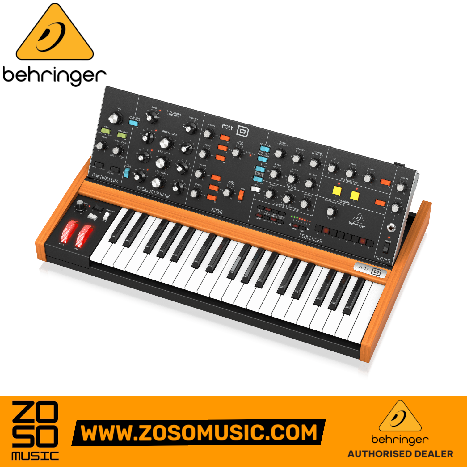 Zoso Music Behringer Poly D analog synthesizer with 37 keys, wood trim, and control knobs on a white background.