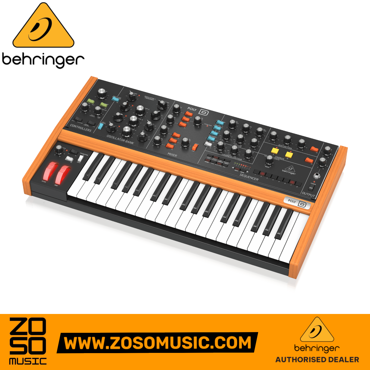 Zoso Music Behringer Poly D analog synthesizer with 37 keys, wood-trimmed chassis, and black control panel.