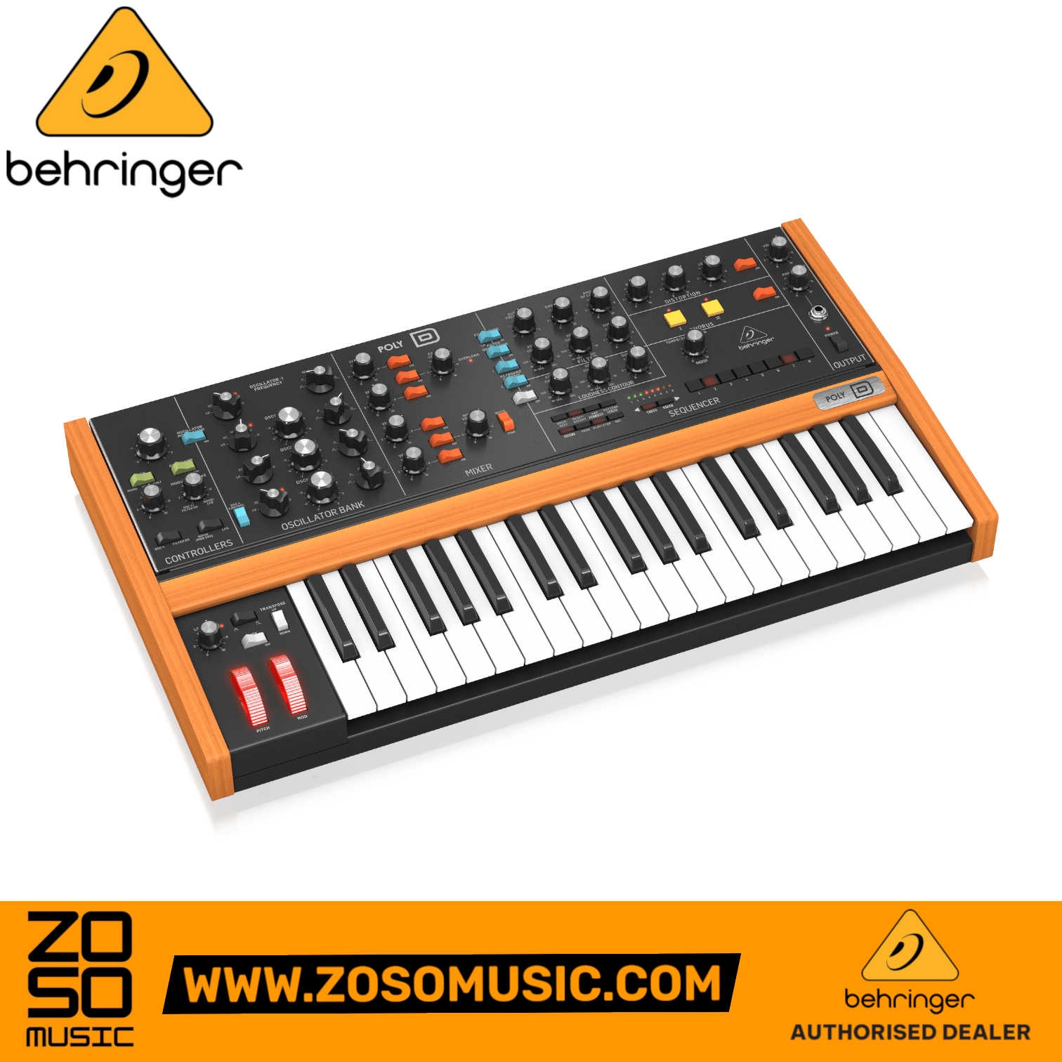Zoso Music Behringer Poly D analog synthesizer with 37 keys, wood trim, and orange knobs on a black control panel.