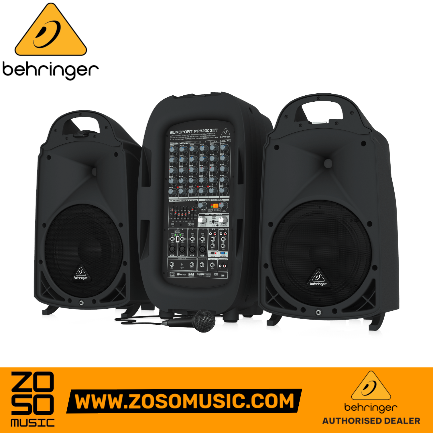 Zoso Music Behringer Europort PPA2000BT portable 8-channel PA system with two speakers, mixer unit, and microphone.