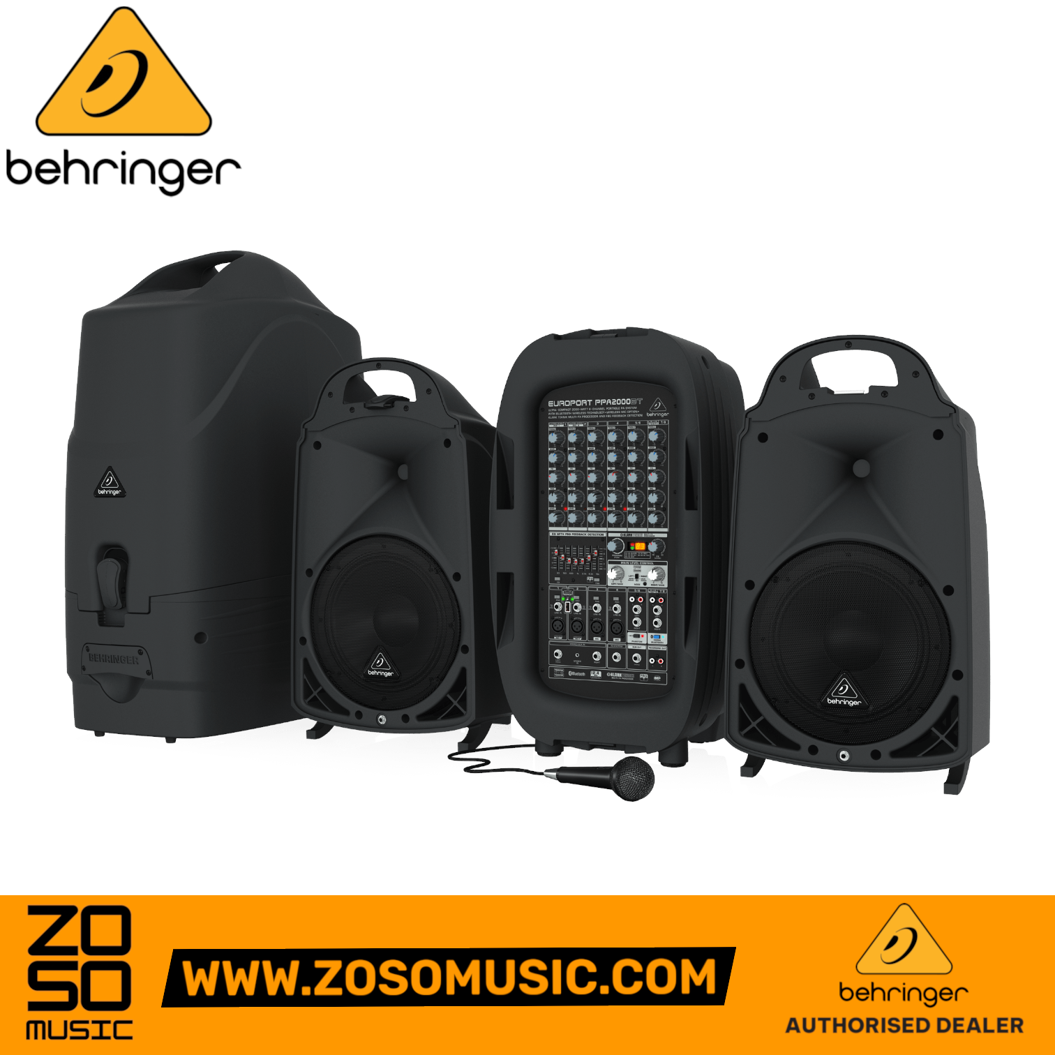 Zoso Music Behringer Europort PPA2000BT portable 8-channel PA system with speakers, mixer, and microphone