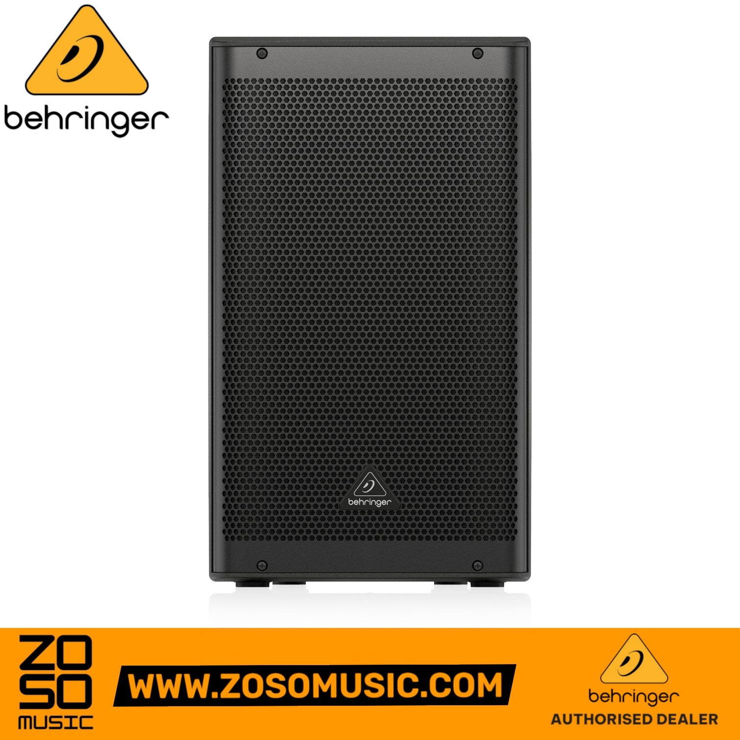 Zoso Music Behringer DR112DSP 12-inch powered PA speaker with black metal grille and integrated Bluetooth connectivity