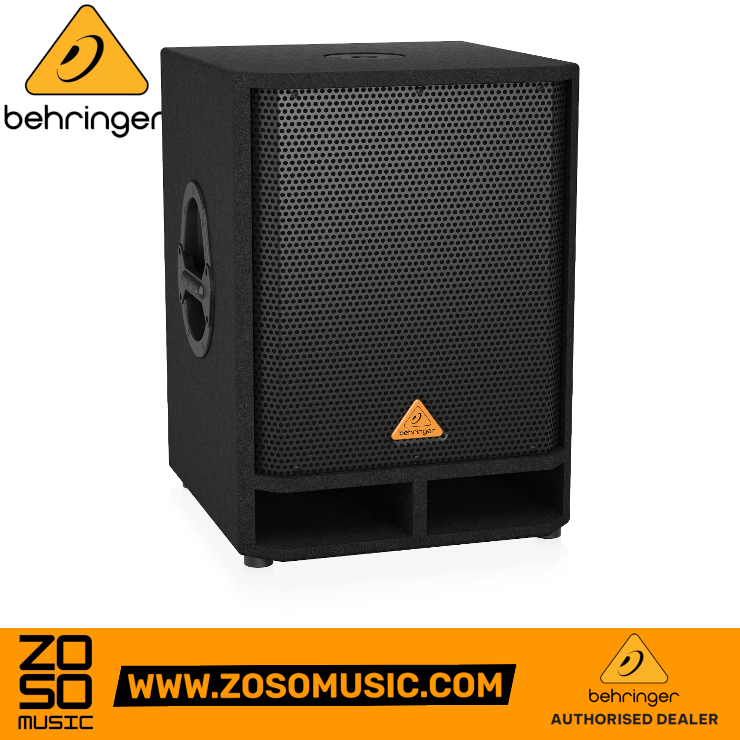 Zoso Music Behringer VQ-1500D 500W 15-inch powered PA subwoofer with black steel grille and recessed handles