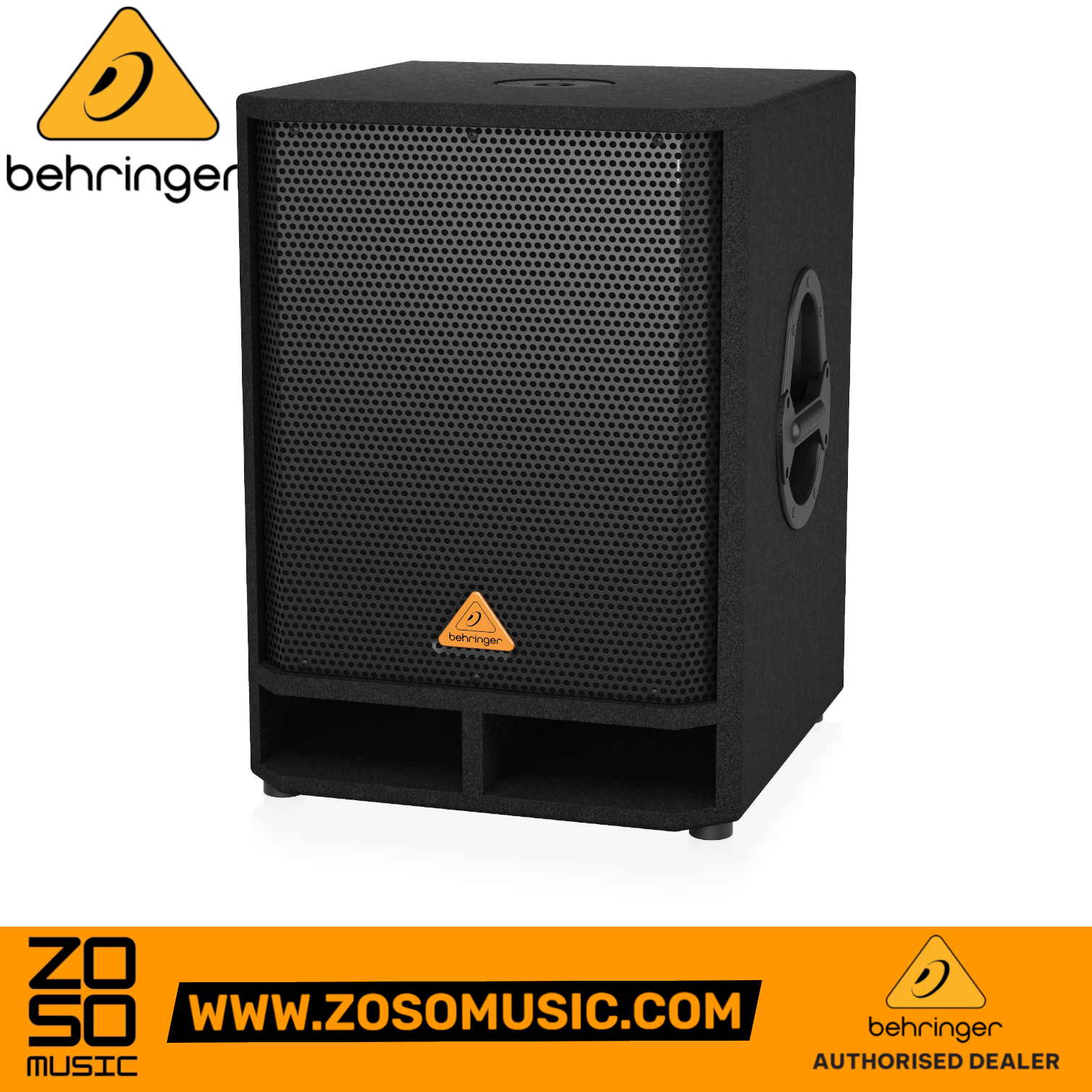 Zoso Music Behringer VQ-1500D 500W 15-inch powered PA subwoofer with a rugged black cabinet and steel front grille.