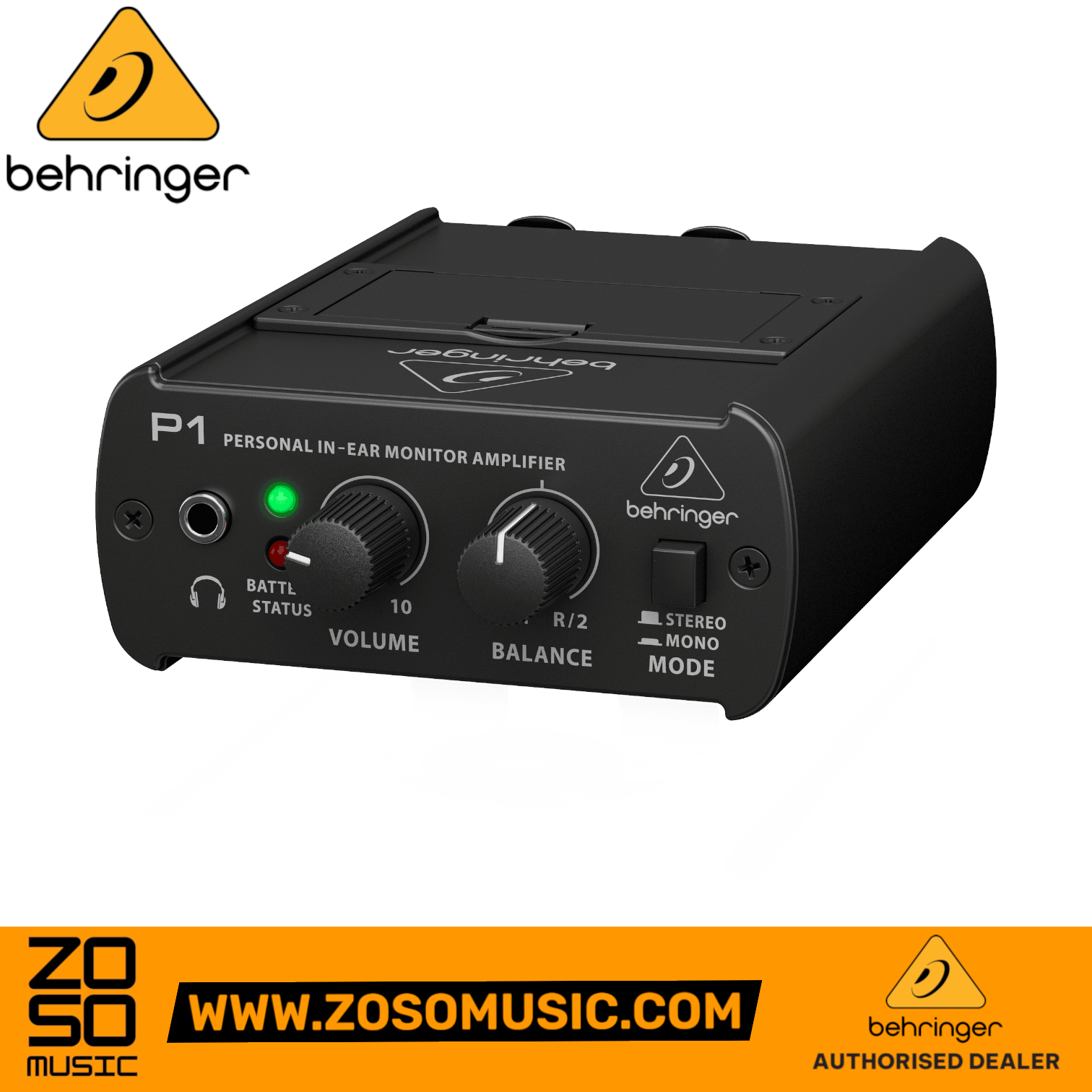 Zoso Music Behringer Powerplay P1 personal in-ear monitor amplifier with volume, balance, and mode controls.