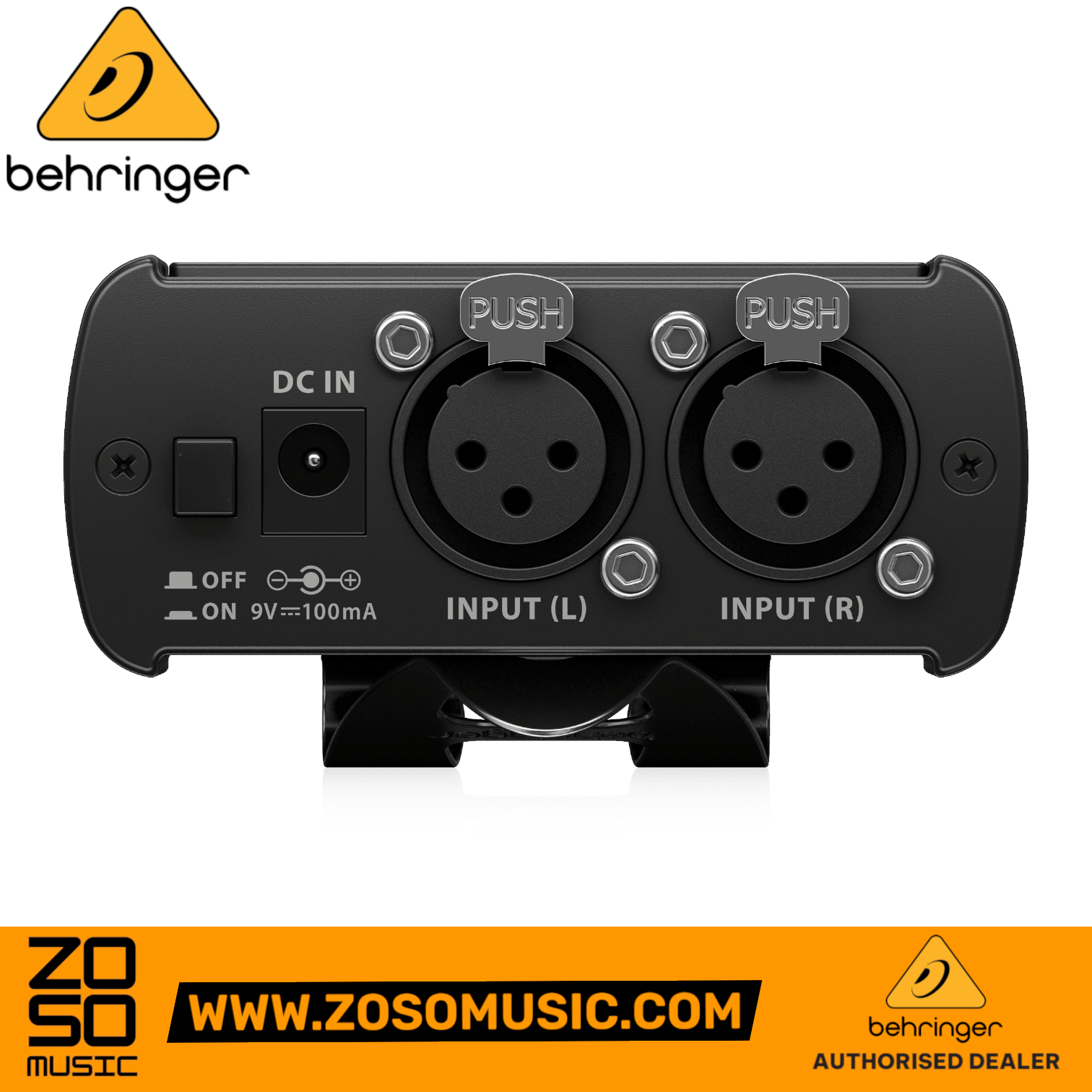 Zoso Music Behringer Powerplay P1 personal in-ear monitor amplifier rear panel with dual XLR inputs and DC power port