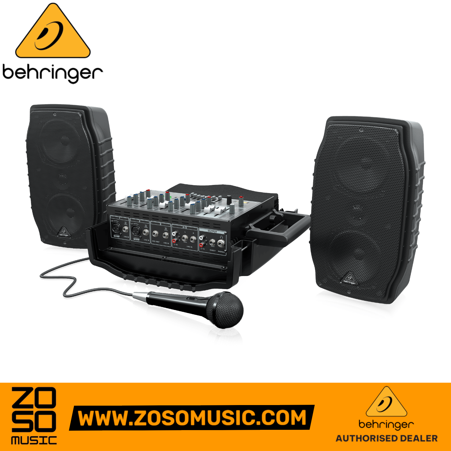 Zoso Music Behringer Europort PPA200 portable 200-watt PA system with mixer, two speakers, and handheld microphone