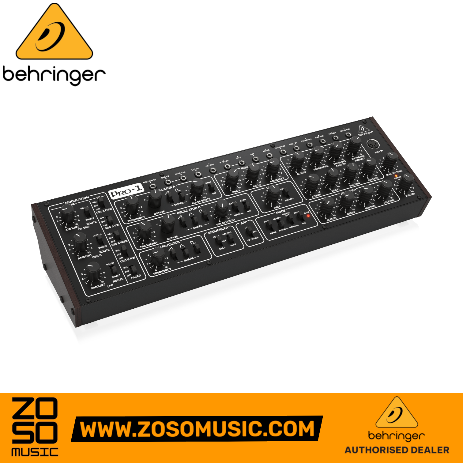 Zoso Music Behringer PRO-1 tabletop analog synthesizer with dual VCOs, patch matrix, and sequencer in black finish.