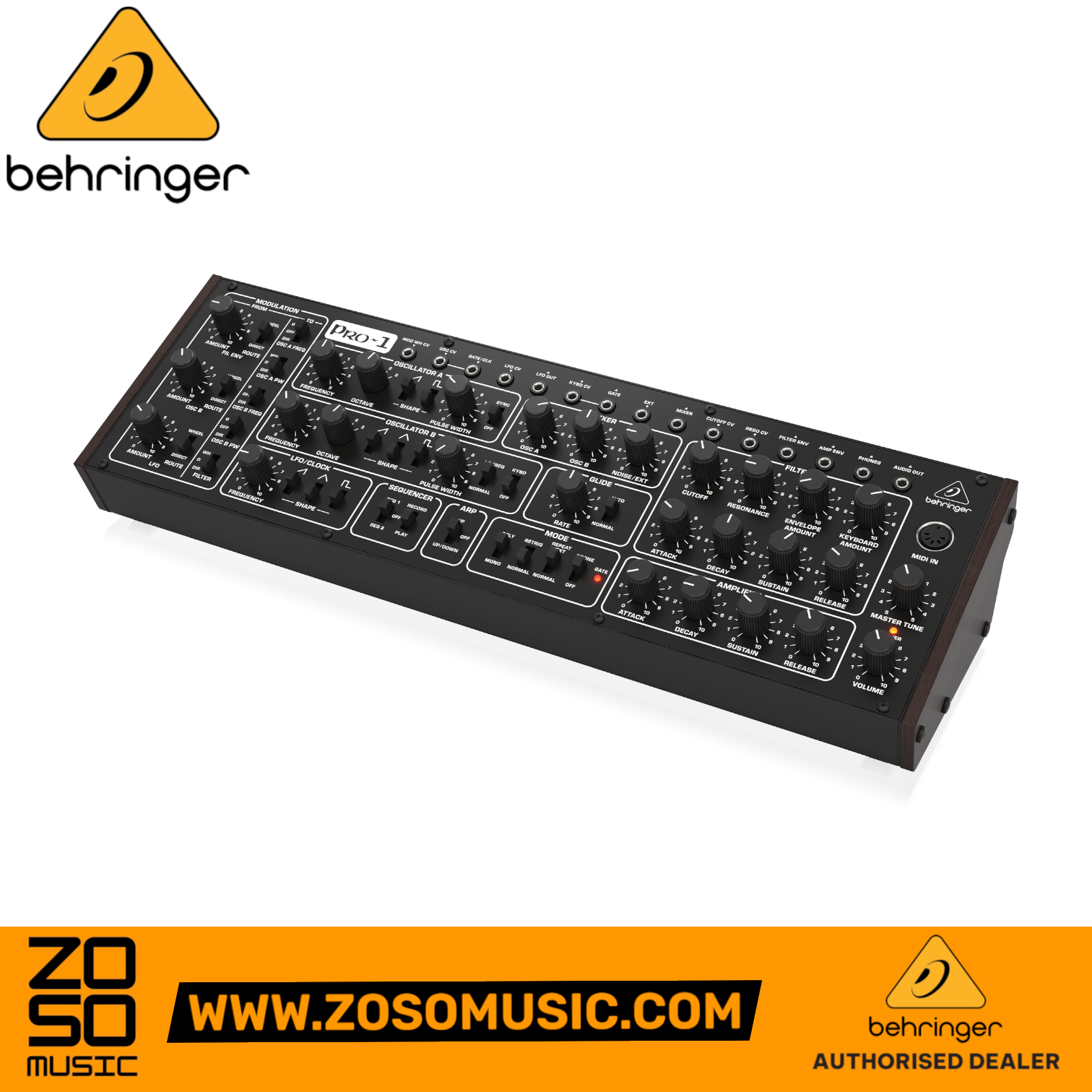 Zoso Music Behringer PRO-1 tabletop analog synthesizer with black control panel, knobs, and patch matrix inputs.
