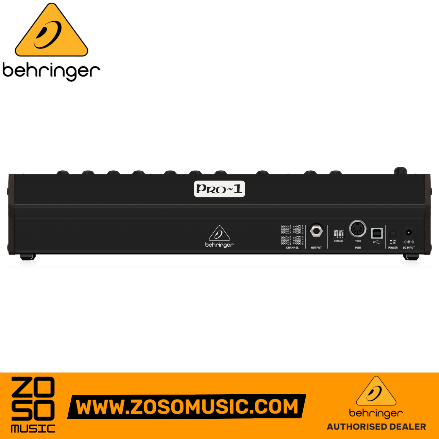 Zoso Music Behringer PRO-1 analog synthesizer rear panel showing MIDI, USB, and audio output ports.