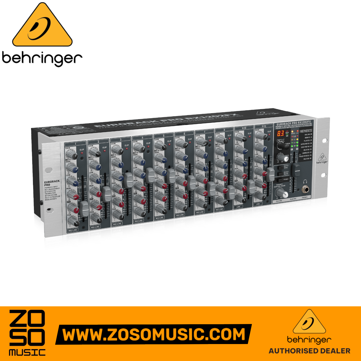Zoso Music Behringer Eurorack Pro RX1202FX V2 rackmount mixer with 12 inputs and built-in effects processor