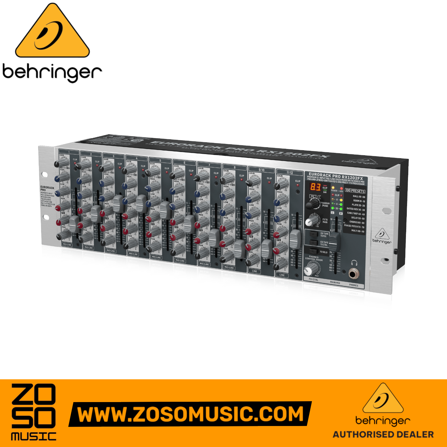 Zoso Music Behringer Eurorack Pro RX1202FX V2 rackmount mixer with 12 inputs and built-in effects processor