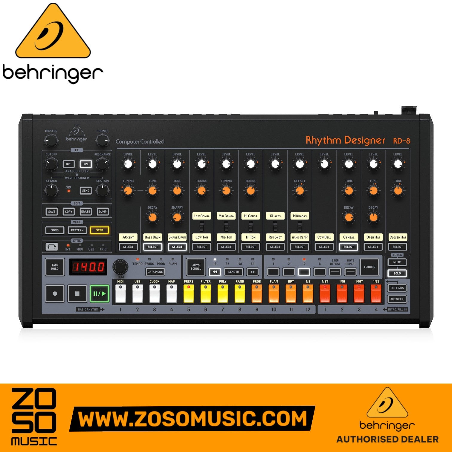 Zoso Music Behringer Rhythm Designer RD-8 analog drum machine with 16 drum sounds and 64-step sequencer.