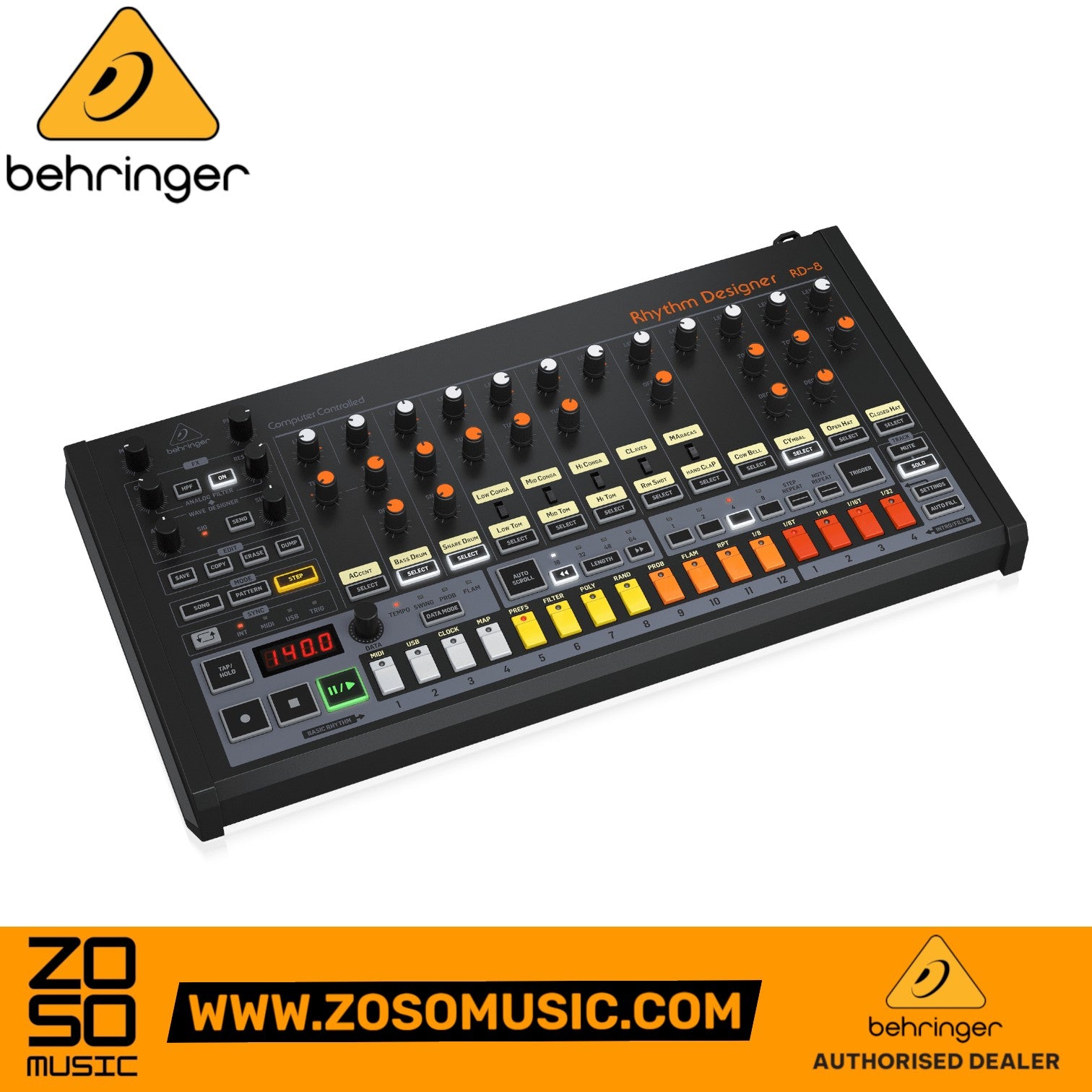 Zoso Music Behringer Rhythm Designer RD-8 analog drum machine with 16 drum sounds and 64-step sequencer.