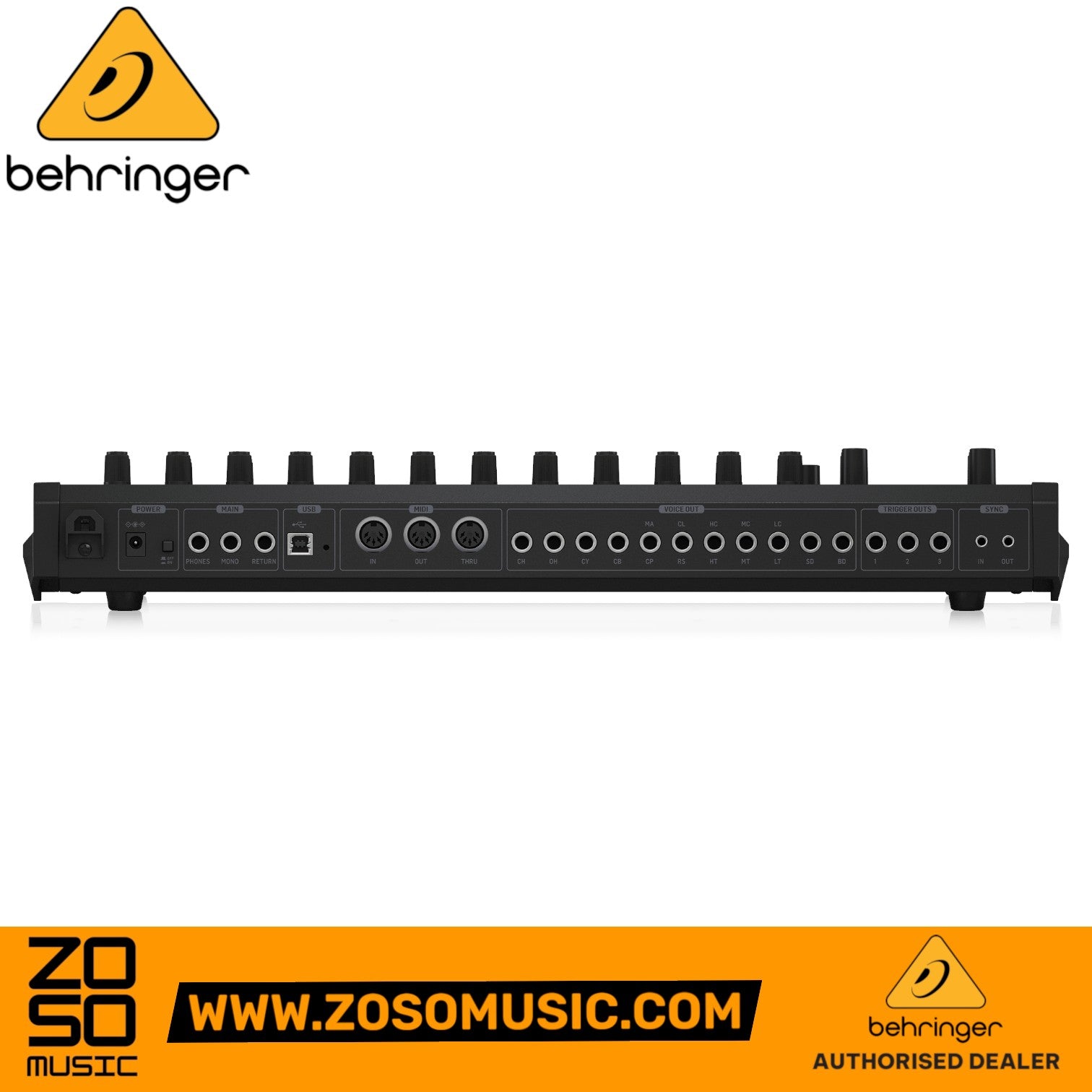 Zoso Music Behringer RD-8 analog drum machine rear panel showing multiple MIDI, USB, and audio output ports.