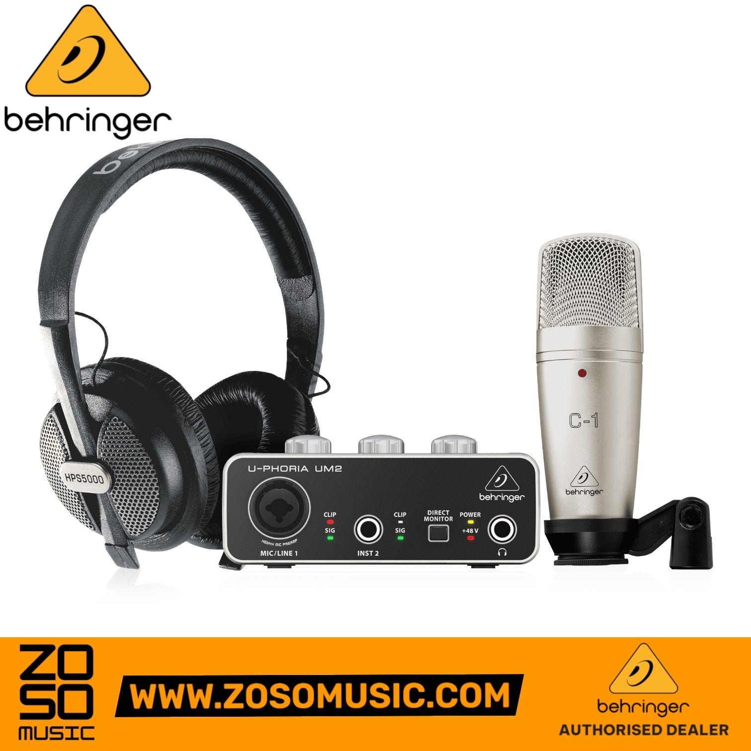 Zoso Music Behringer U-PHORIA STUDIO recording bundle with UM2 interface, C-1 condenser microphone, and HPS5000 headphones