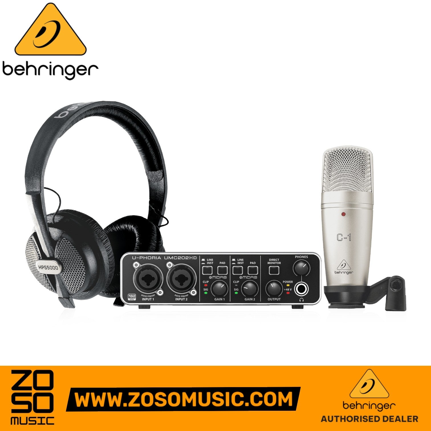Zoso Music Behringer U-PHORIA Studio Pro bundle featuring UMC-202HD interface, C-1 condenser mic, and HPS-5000 headphones