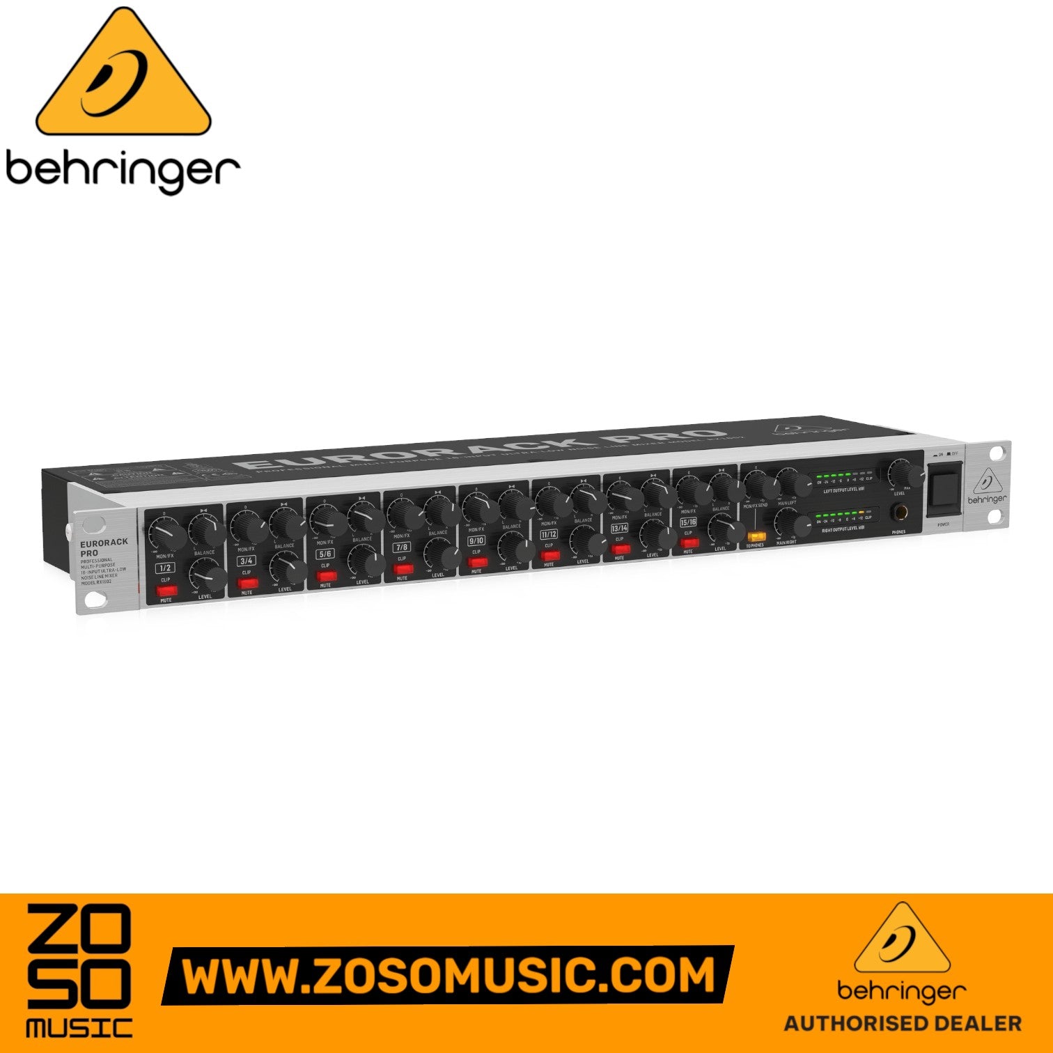 Zoso Music Behringer RX-1602 rack-mount line mixer with 16 inputs, rotary controls, and LED level meters.
