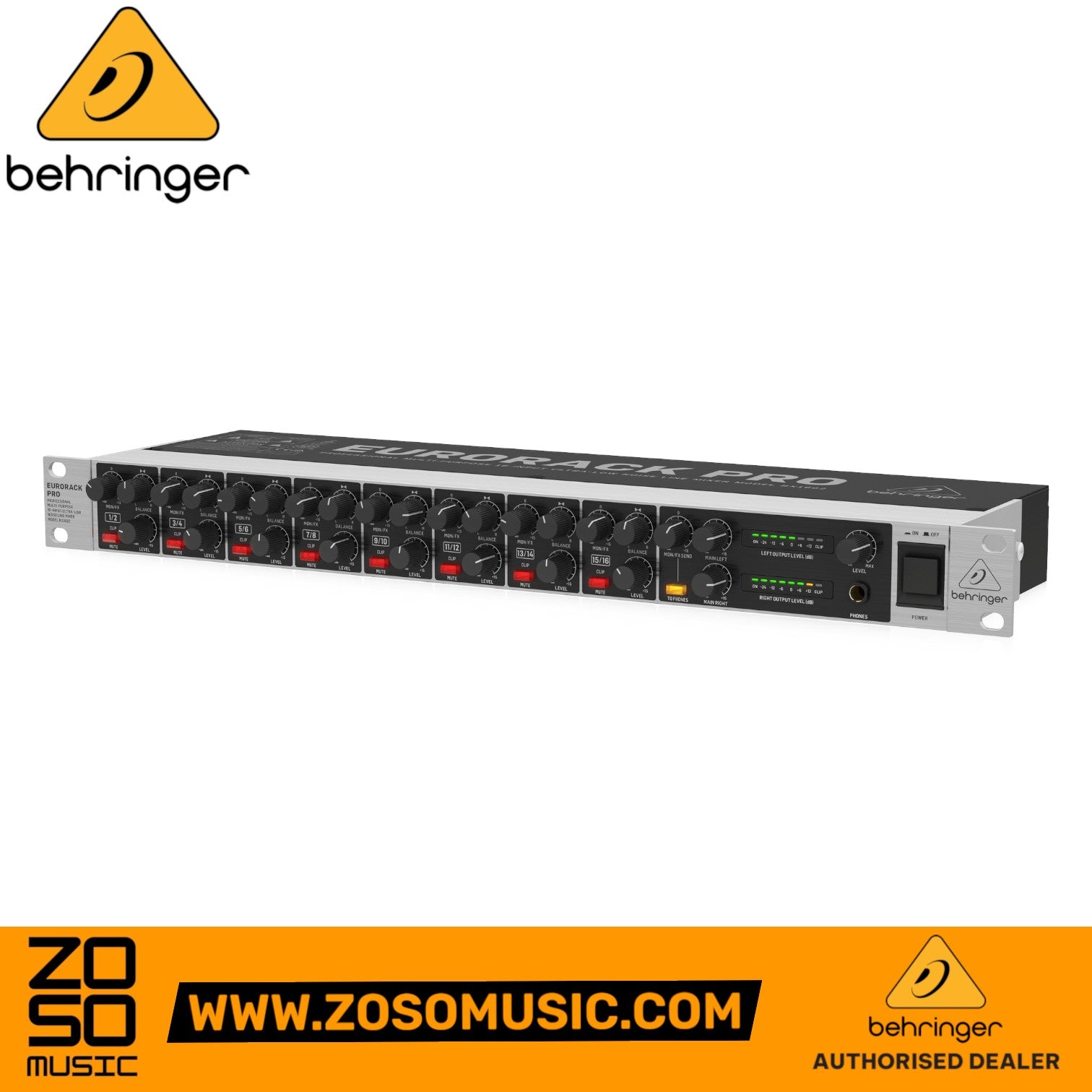 Zoso Music Behringer RX1602 rack-mount line mixer with 16 inputs and LED level meters for studio and live sound