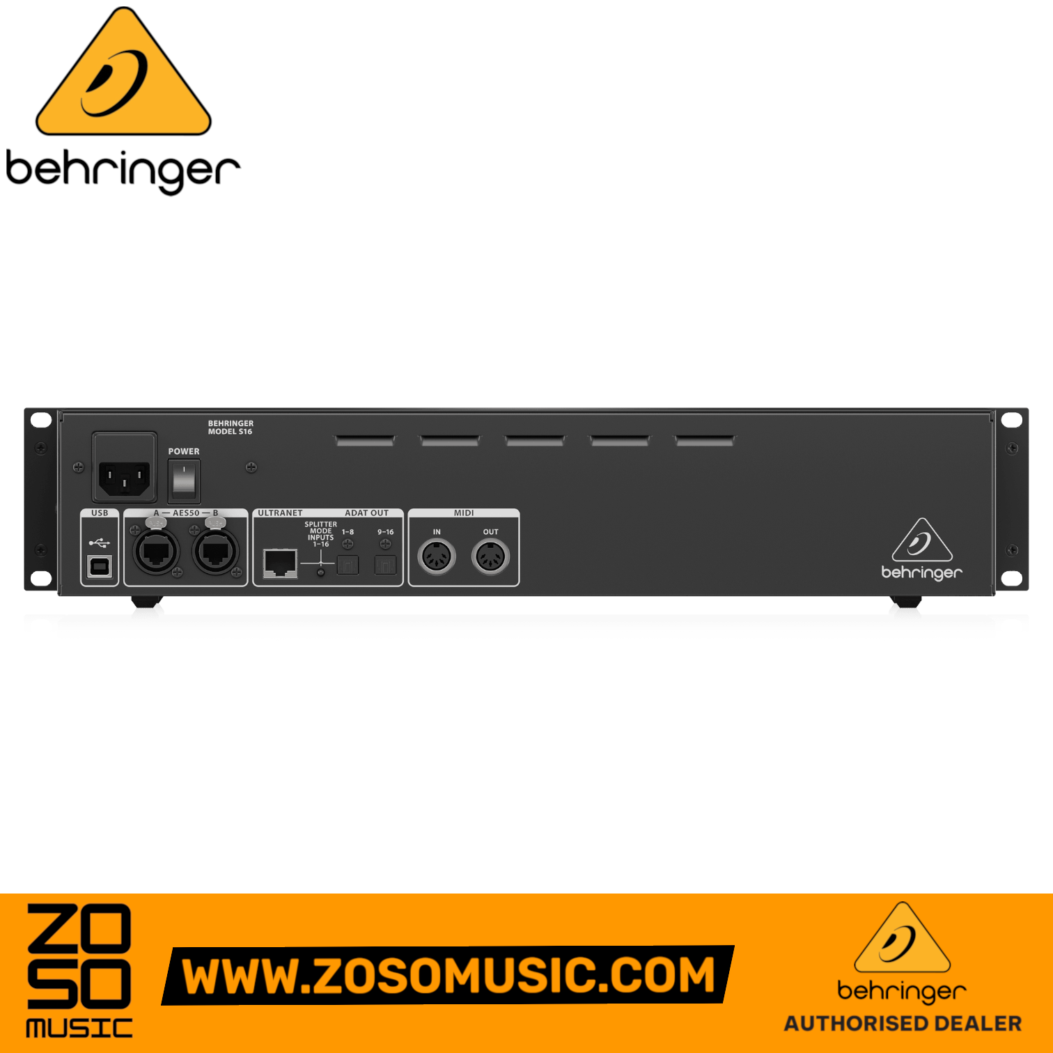Zoso Music Behringer S16 digital snake rear panel showing AES50, MIDI, ADAT, and USB connectivity ports.