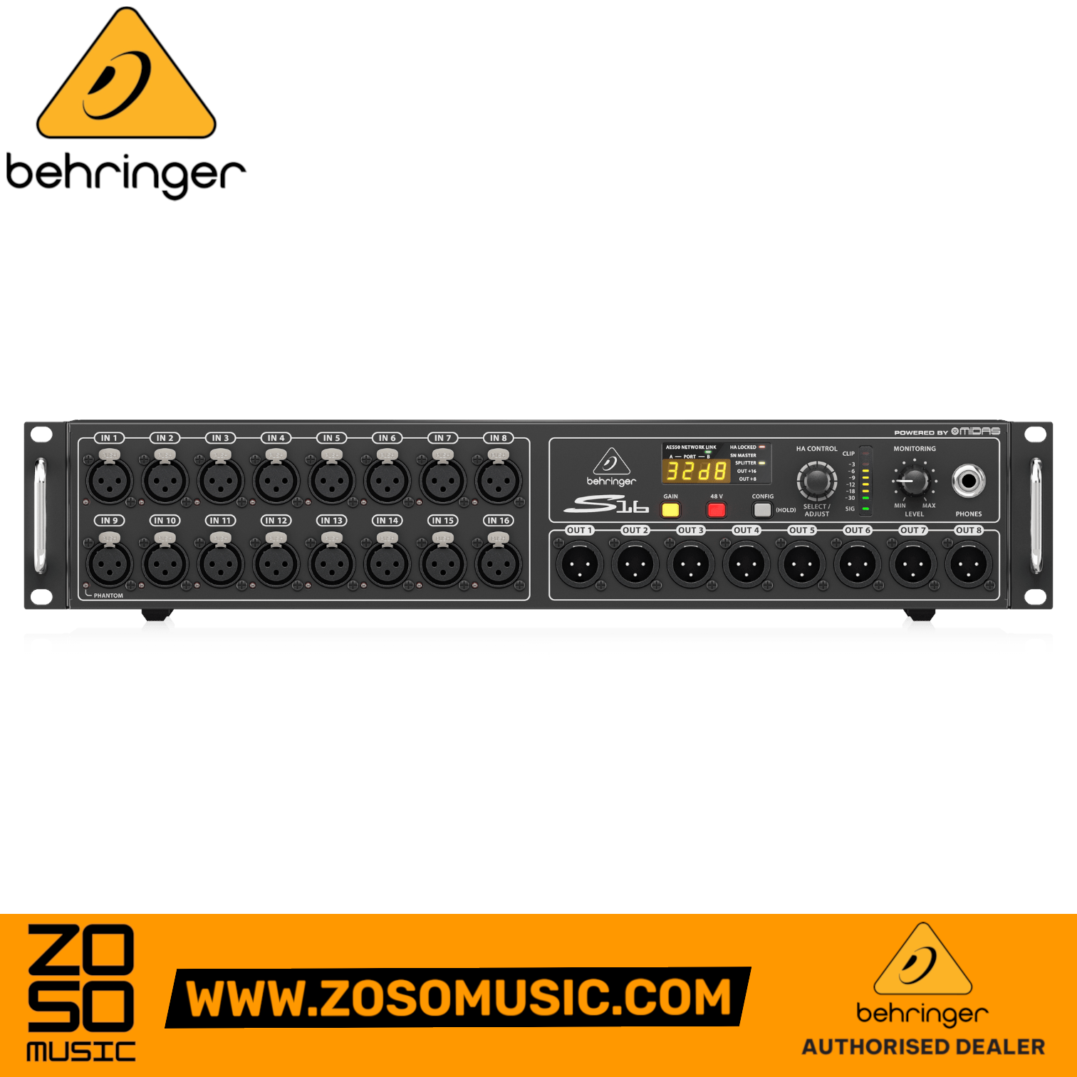 Zoso Music Behringer S16 16-channel digital snake rack-mount unit with XLR inputs, outputs, and LED level metering