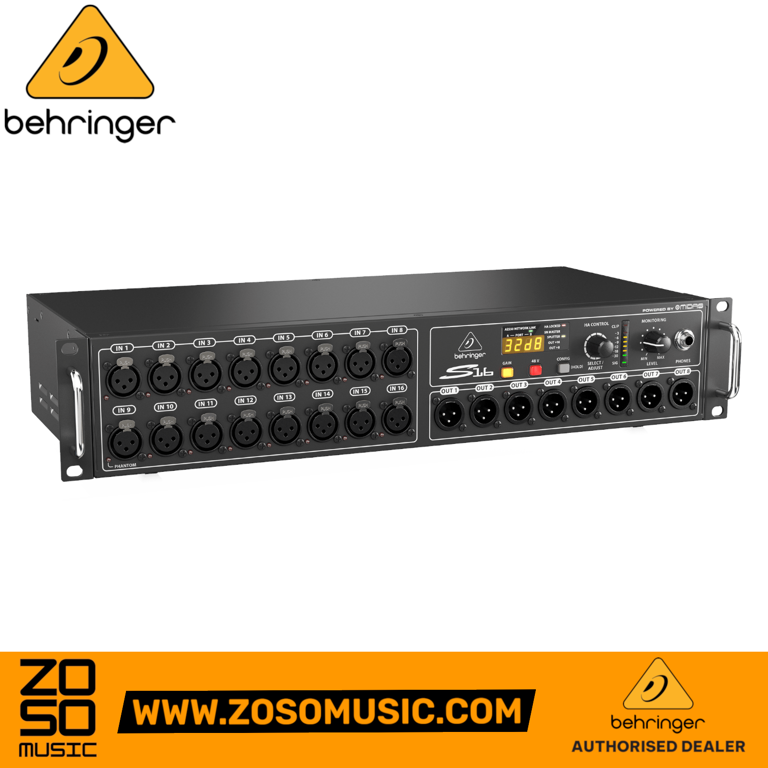 Zoso Music Behringer S16 16-channel digital snake rack unit with XLR inputs, outputs, and LED metering display