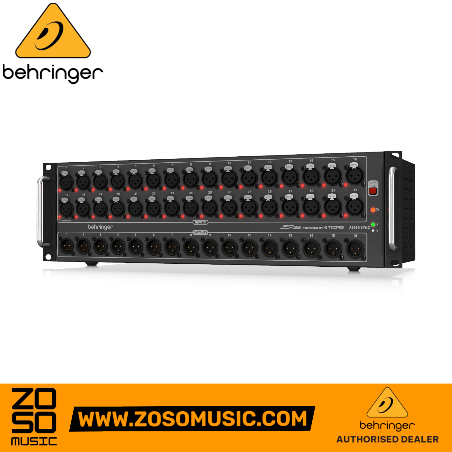 Zoso Music Behringer S32 32-channel digital stage box with XLR inputs and outputs in a 3U rack-mount steel chassis.