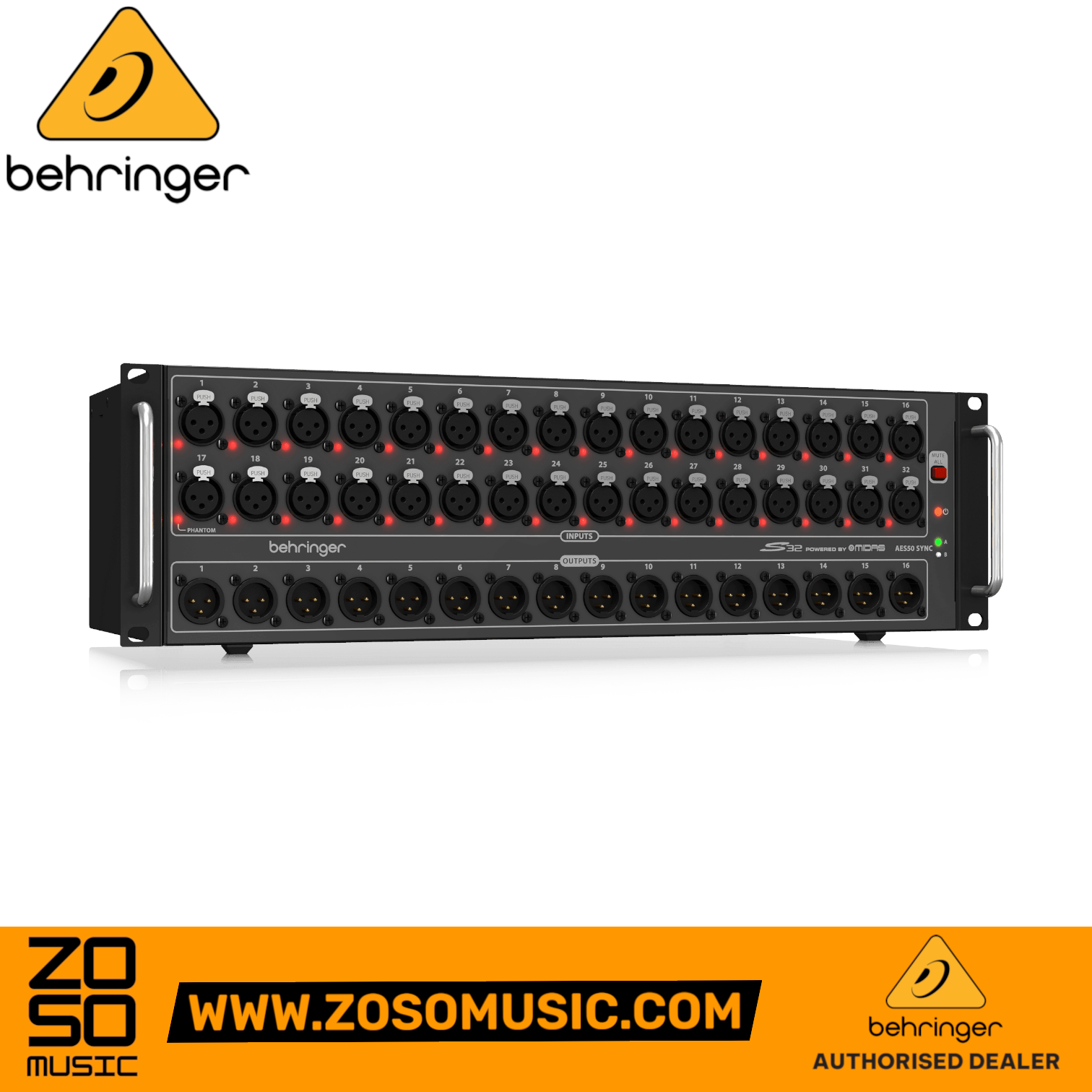 Zoso Music Behringer S32 32-channel digital stage box with Midas-designed preamps and XLR outputs in a 3U rack chassis