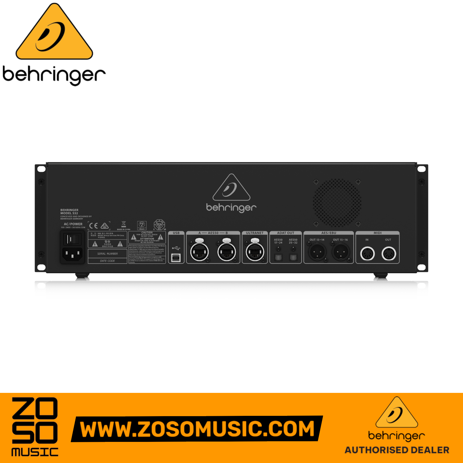 Zoso Music Behringer S32 32-channel digital stage box rear panel showing XLR, AES50, and MIDI connectivity ports.