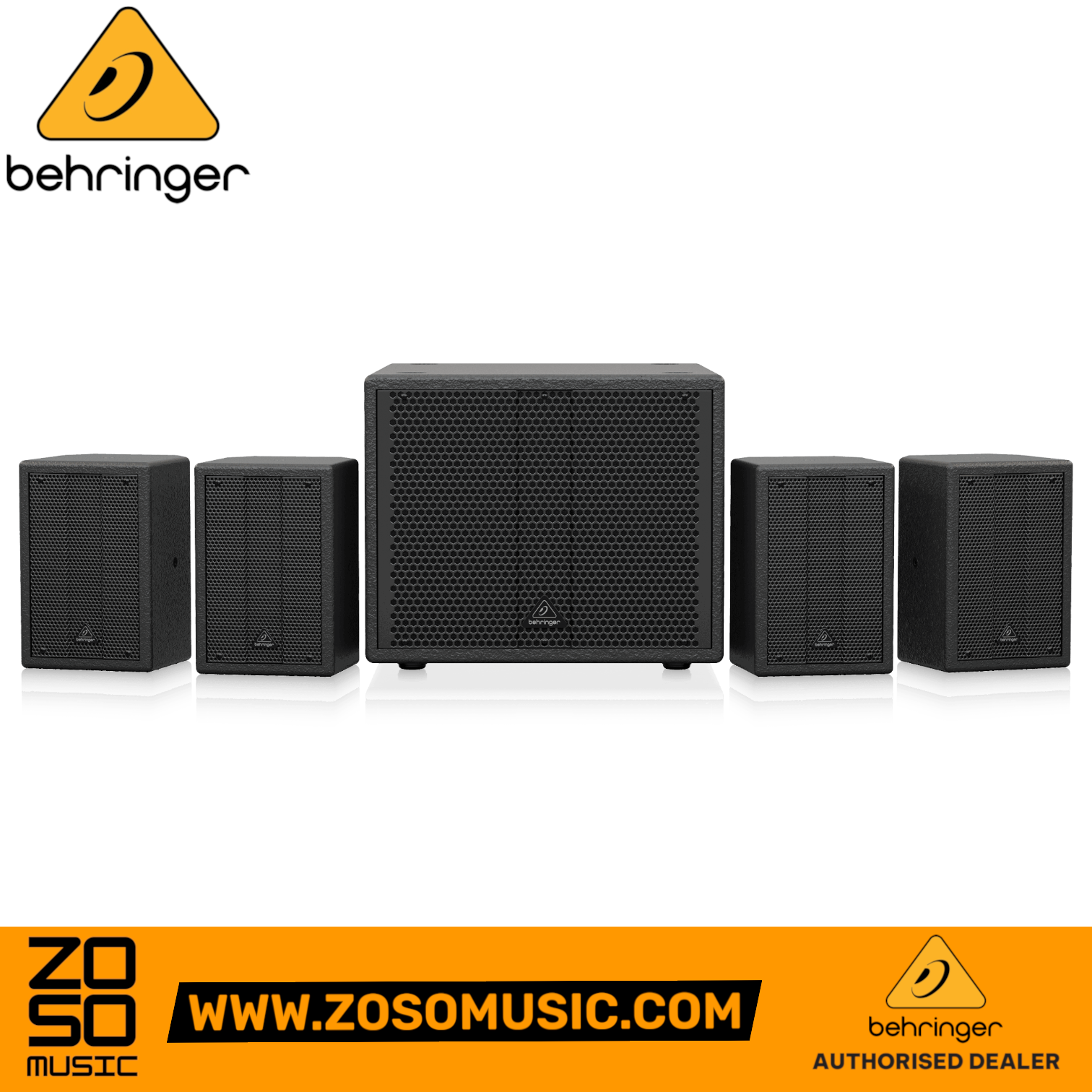 Zoso Music Behringer SAT 1004 bundle featuring four black passive satellite speakers and one active subwoofer
