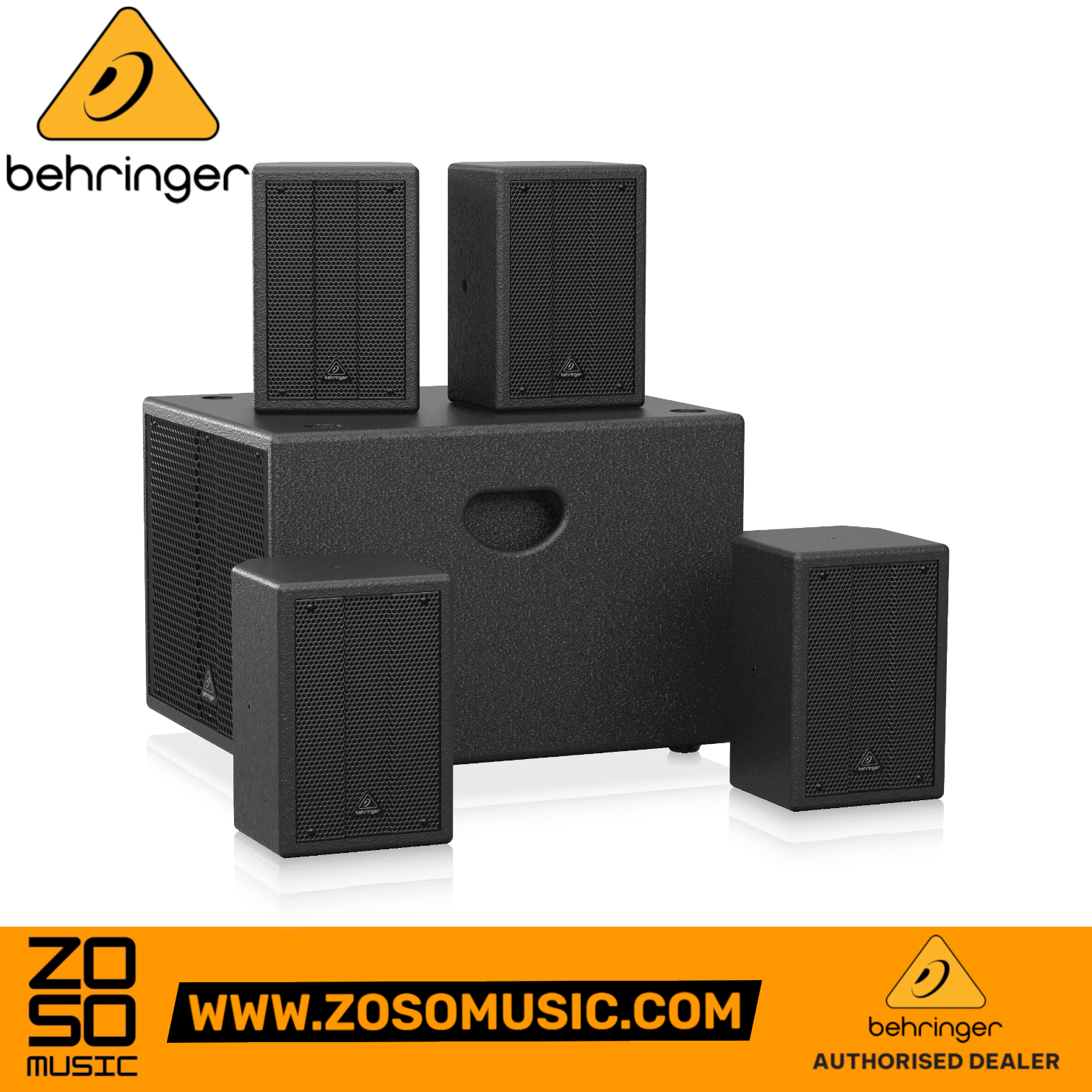 Zoso Music Behringer SAT 1004 bundle featuring four black passive satellite speakers and one active subwoofer